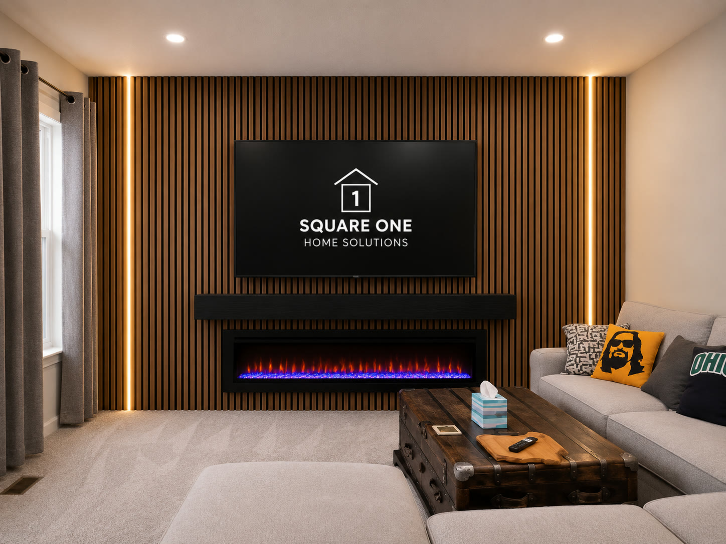 Walnut slat media wall with LED backlighting, mounted TV, and linear fireplace